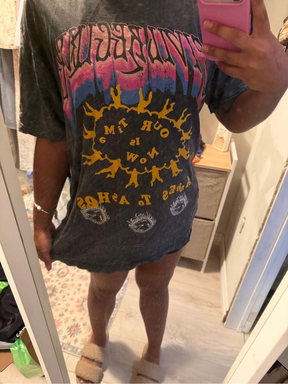 Oversized Black Graphic Short Sleeve Tee with Pink, Blue & Yellow Print